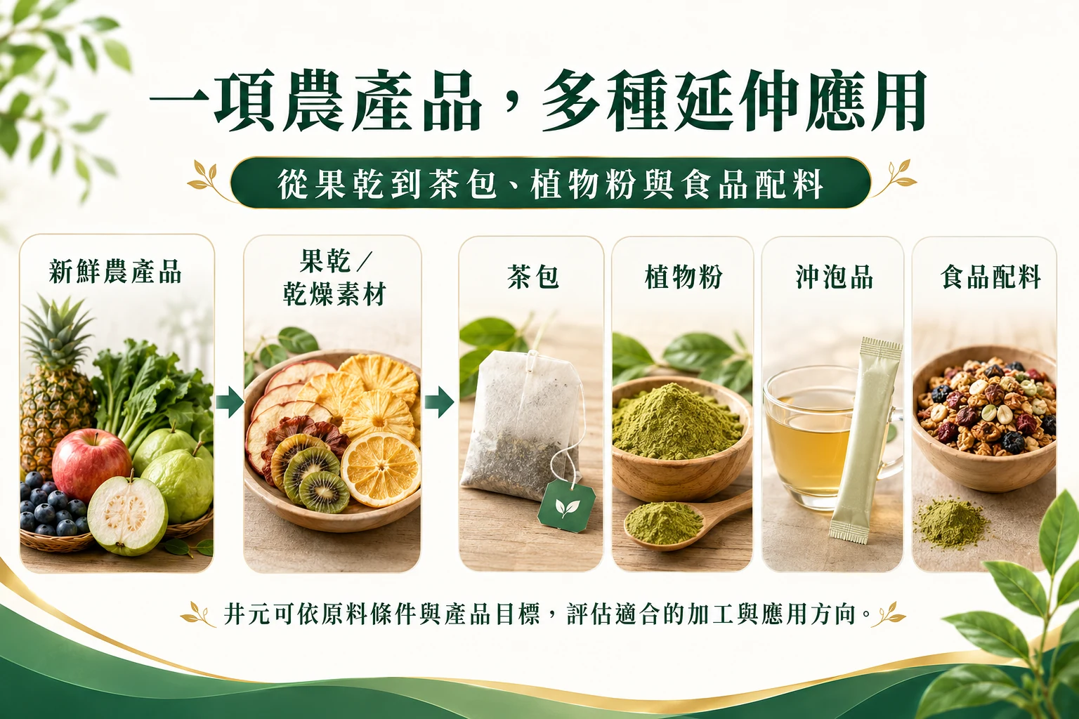 同一項農產品可延伸為果乾、乾燥素材、茶包、植物粉、沖泡品與食品配料。