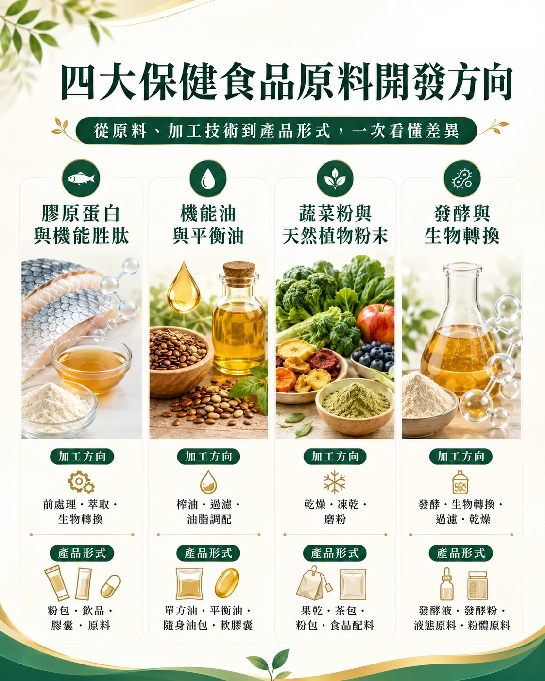 膠原蛋白與機能胜肽、機能油與平衡油、植物粉末、發酵與生物轉換四大原料開發方向。