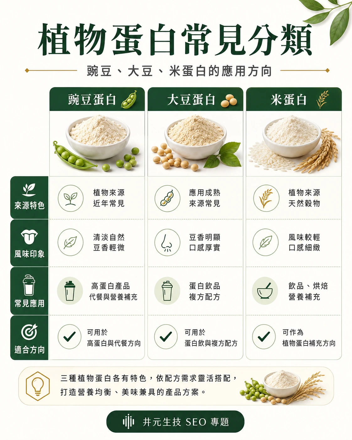 植物蛋白常見分類:豌豆、大豆與米蛋白