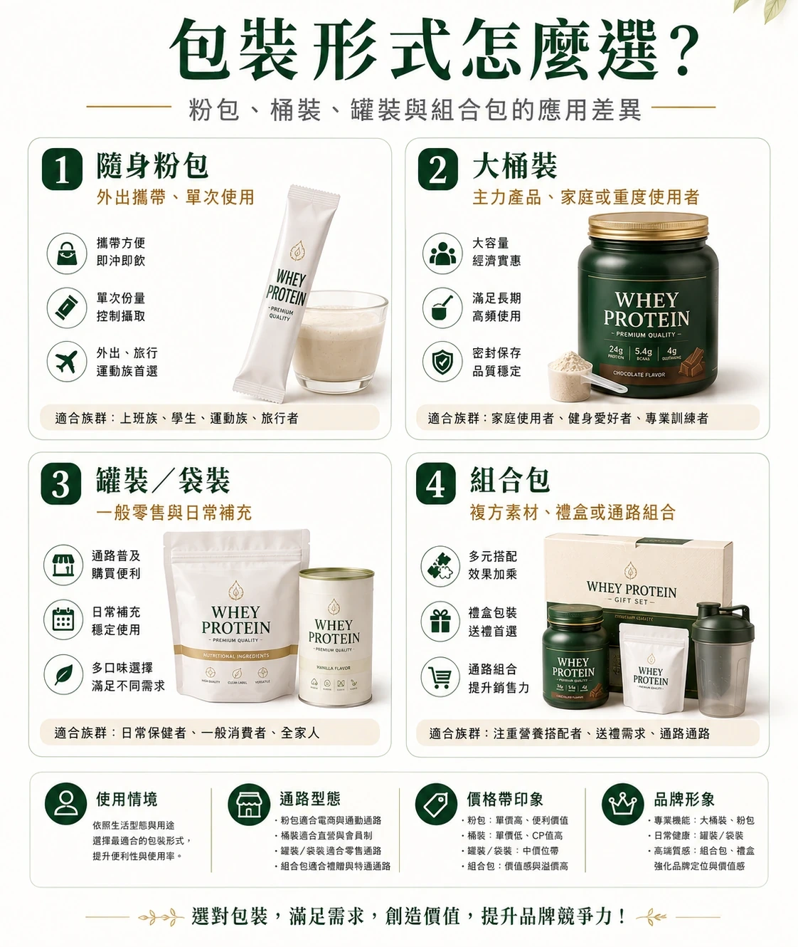 蛋白粉包裝形式:粉包、桶裝、袋裝與組合包