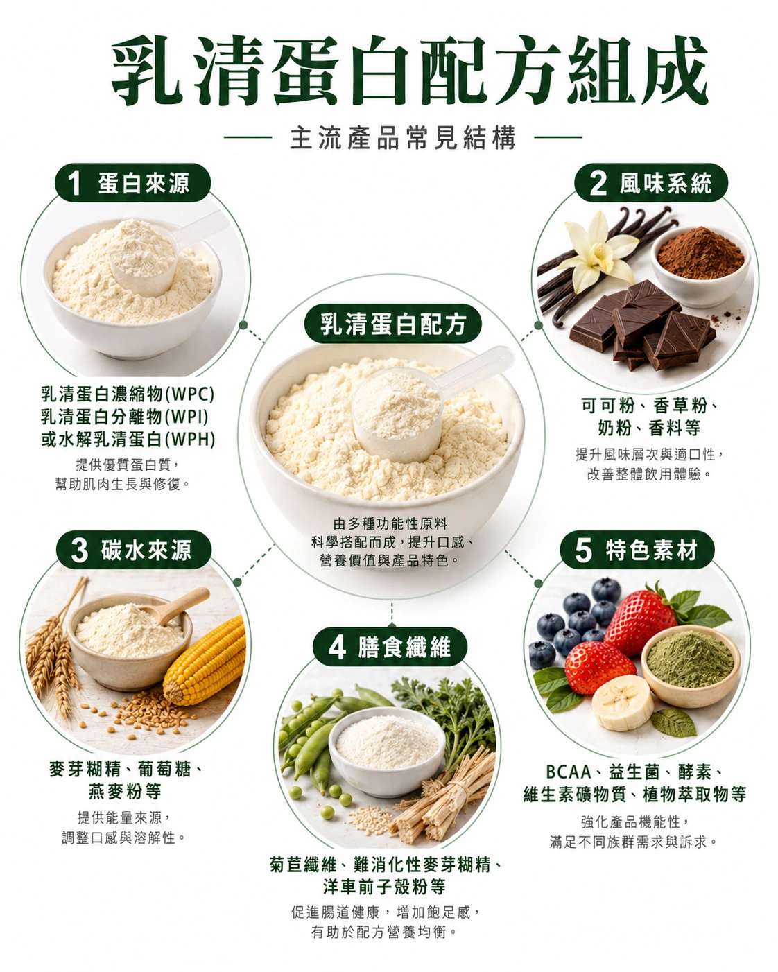 乳清蛋白配方組成:蛋白來源、風味系統、碳水來源、膳食纖維與特色素材