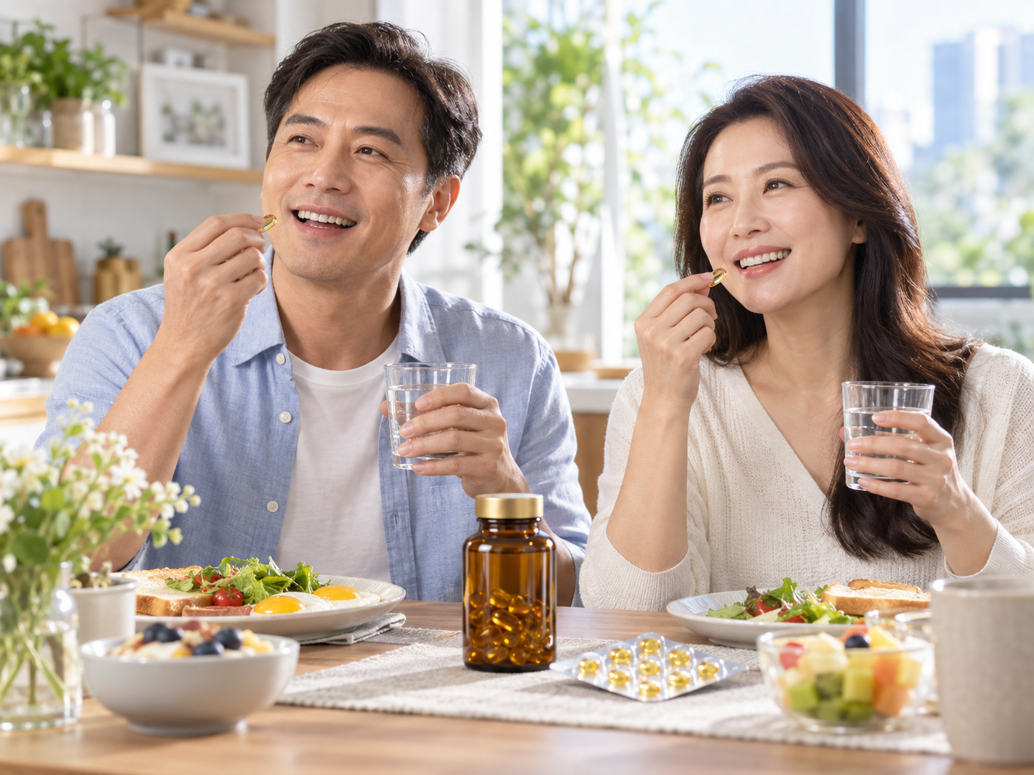 早餐後補充軟膠囊的台灣熟齡夫妻
