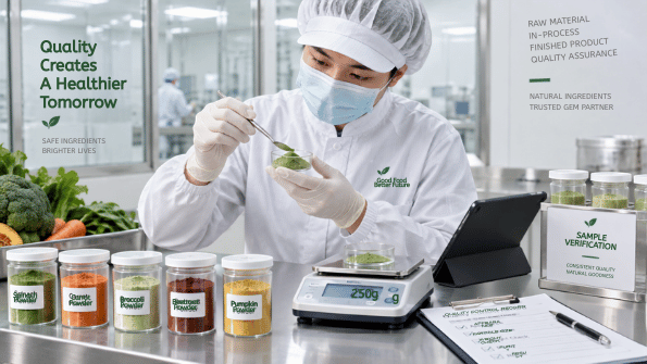 食品技術人員在乾淨實驗室中進行蔬菜粉樣品秤重、觀察與品質檢測