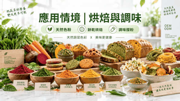 蔬菜粉可應用於烘焙、麵體、餅乾、天然色粉與調味撒粉等食品開發