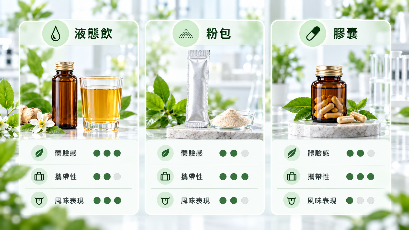 液態粉包膠囊三種劑型比較