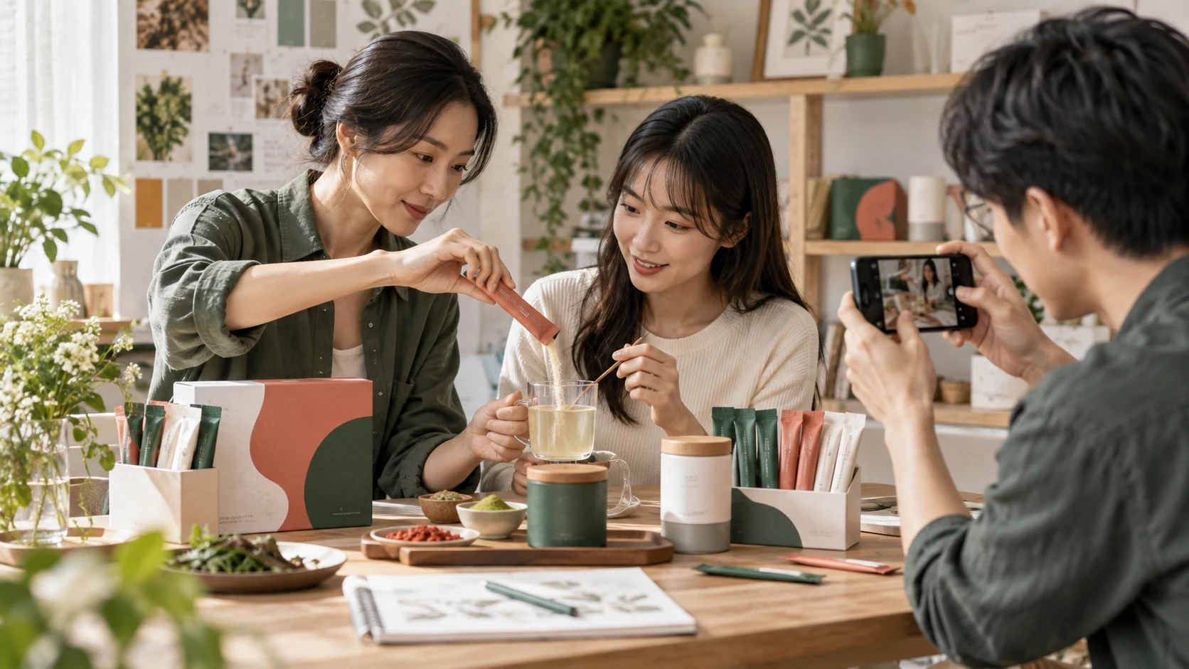 核心夥伴帶新人練習沖泡示範，把商品知識變成可執行推廣的情境示意