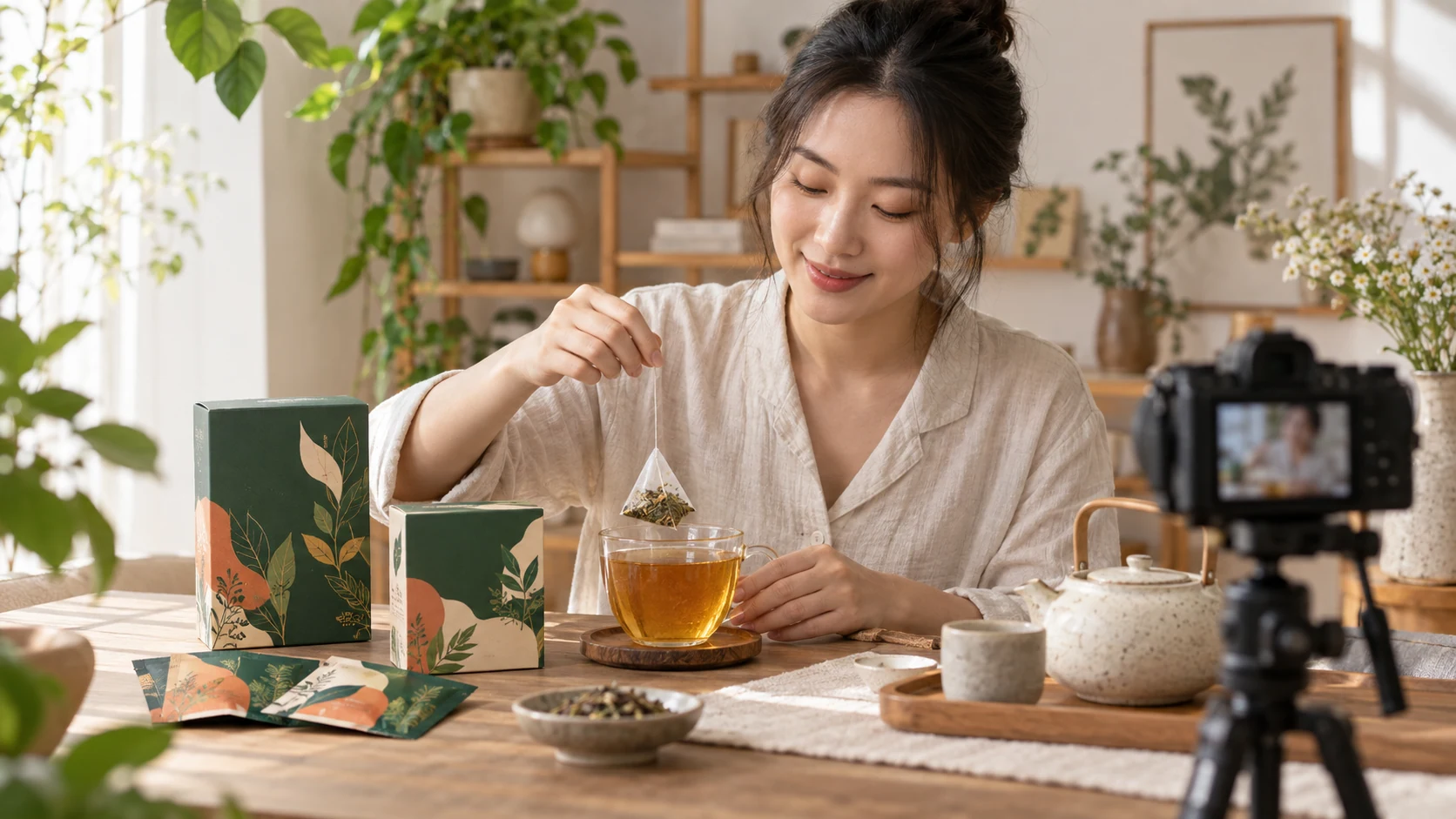 內容創作者把平常分享的茶飲生活延伸成自有商品的情境示意