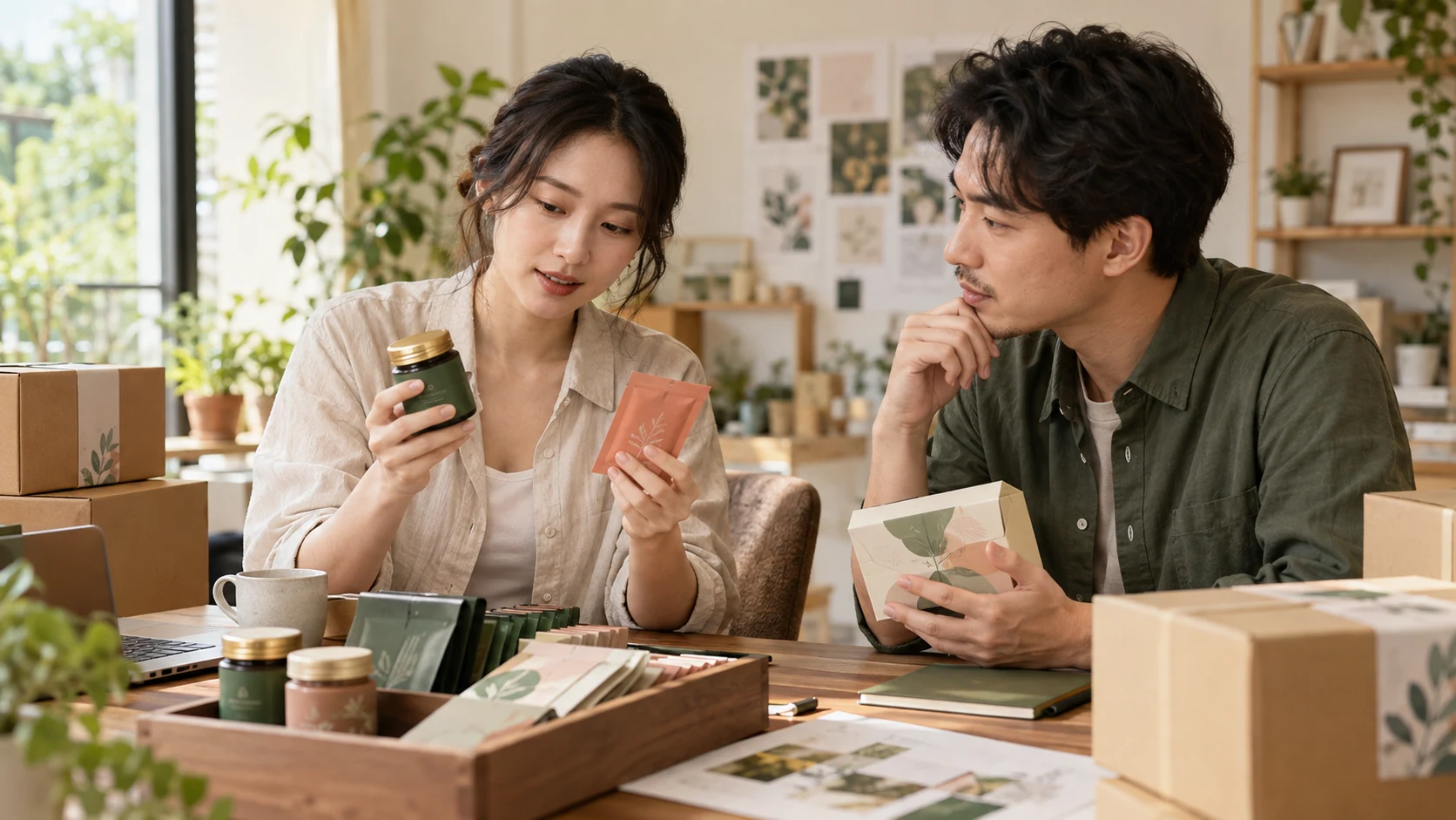 團購主整理熟客需求與樣品，準備自有品牌開發討論的情境示意
