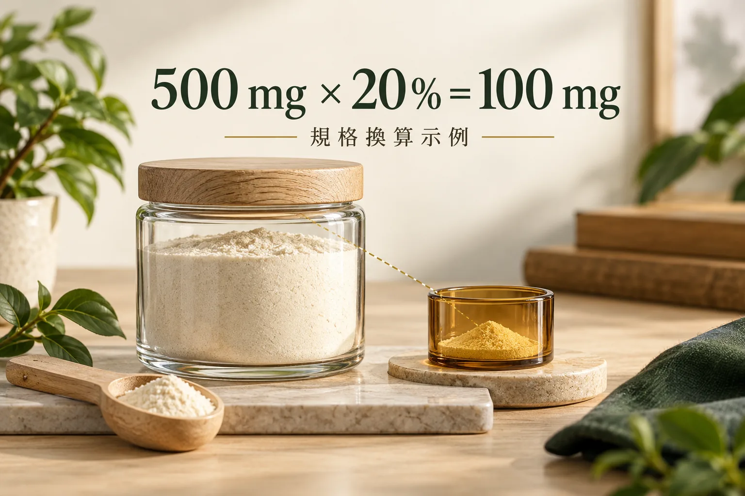 原料用量乘上規格比例,才是該指標成分的換算含量,AI 生成示意