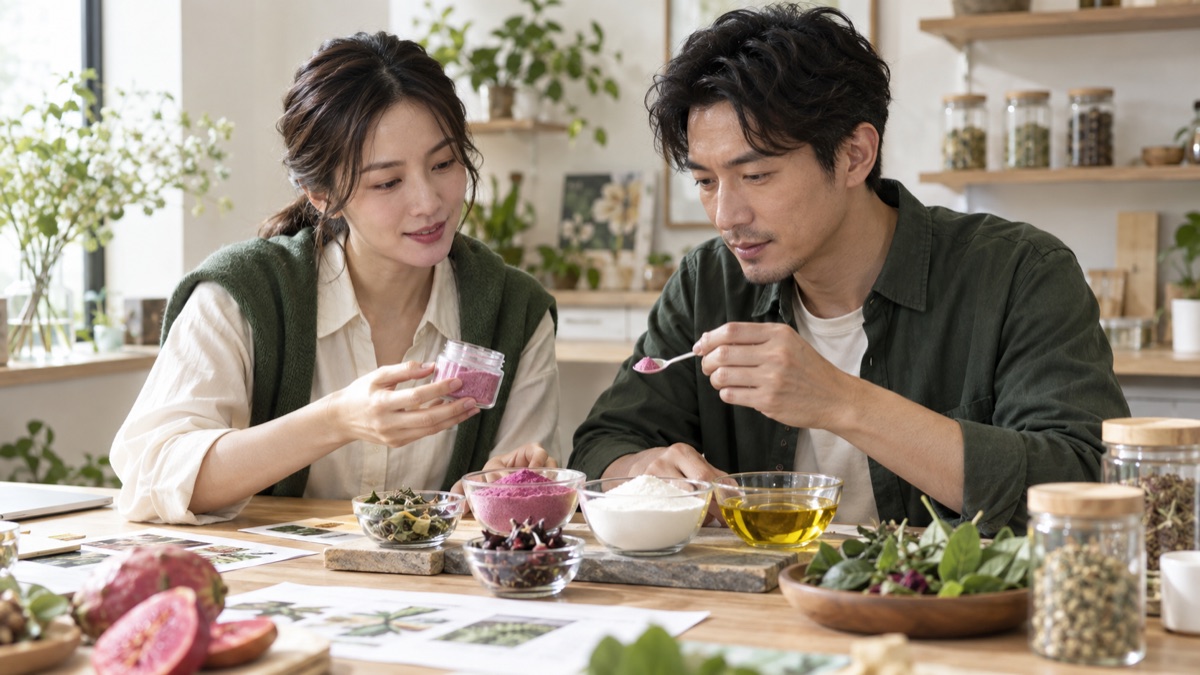 台灣原料開發人員檢視果粉、草本、油脂與膠原樣本|AI 情境示意