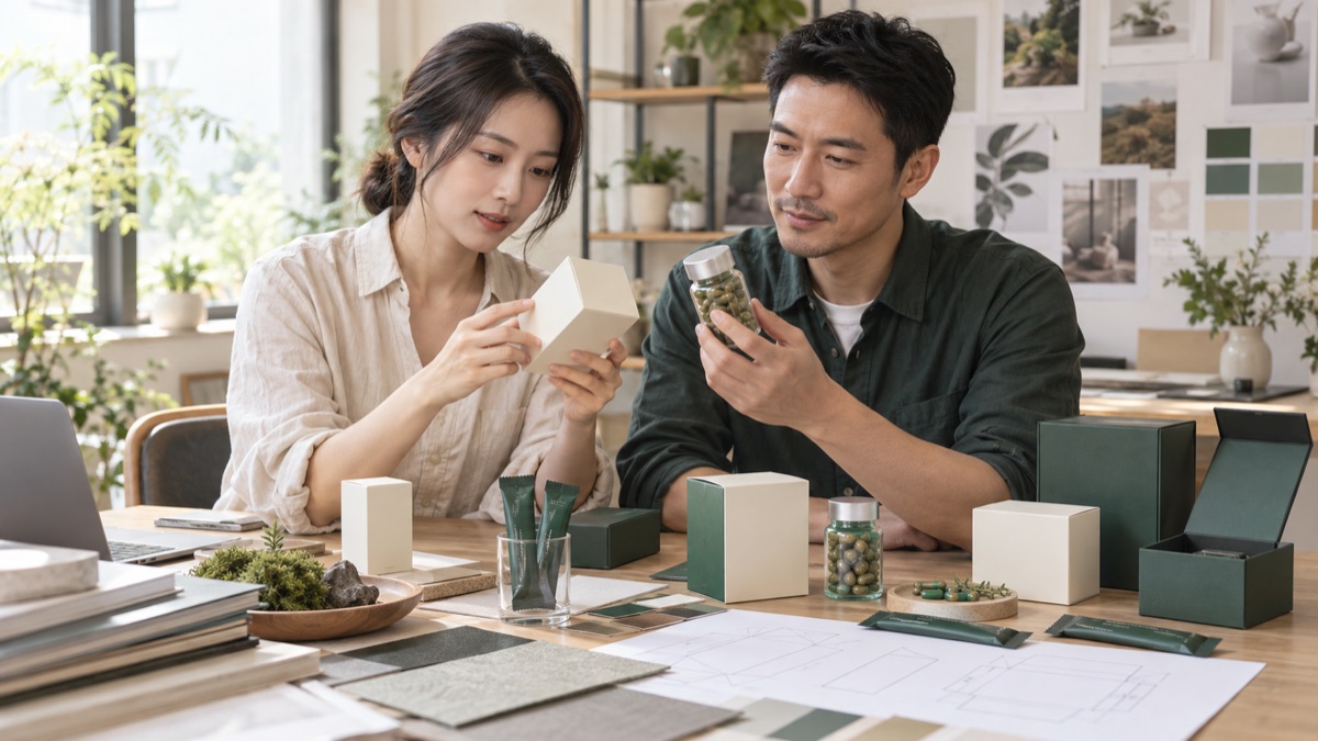 設計師與品牌主檢查實體包裝樣品|AI 情境示意