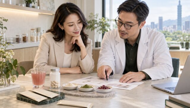 品牌負責人與配方研發人員討論原料規格及產品打樣的情境示意