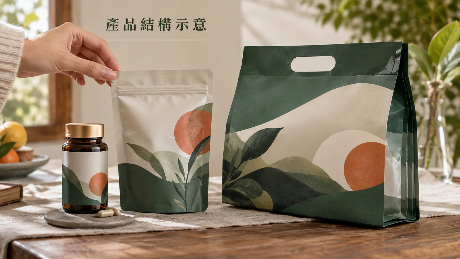 瓶裝補充品、可回封補充袋及多入組的產品結構示意