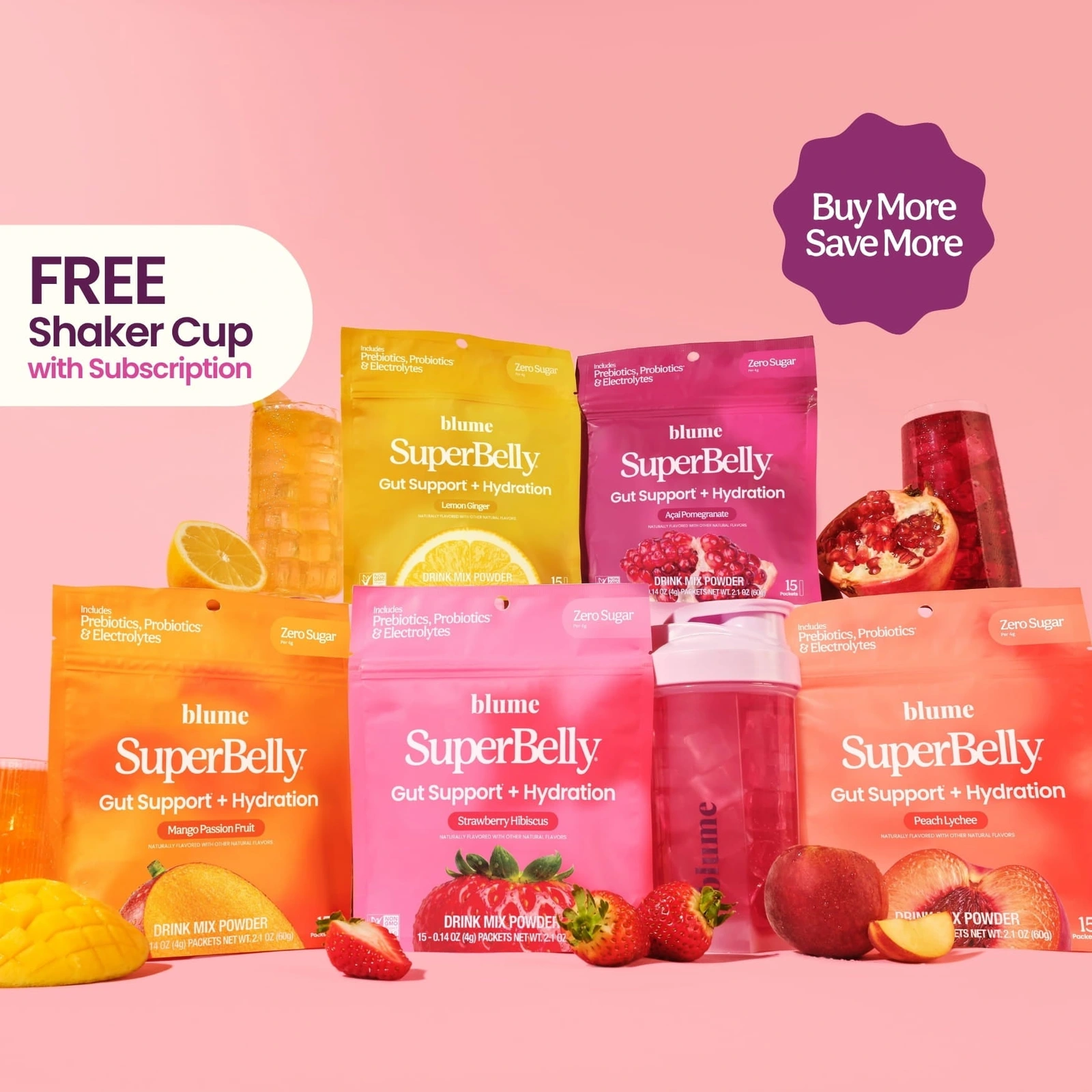Blume:Blume SuperBelly 的多口味組合,搭配沖泡杯呈現整體購買情境