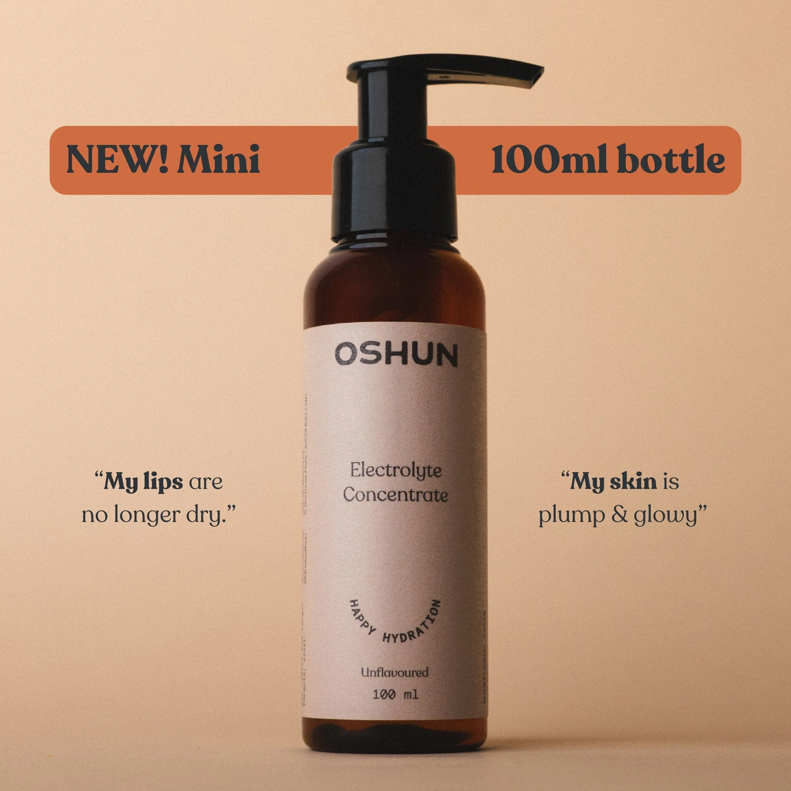 Oshun:Oshun 現行的 100 ml Mini 濃縮電解質瓶。此圖不是訪談中仍在規劃的玻璃補充瓶。