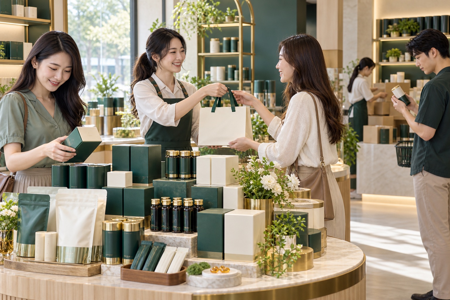 消費者選購保健食品組合,店員交付購物袋,後方準備商品出貨;AI 熱賣情境示意