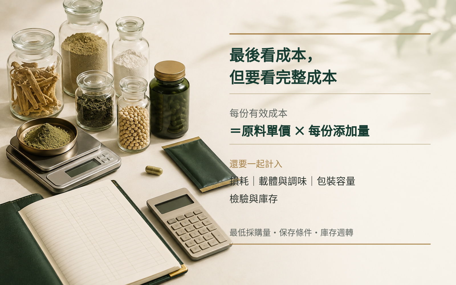 每份有效成本與損耗、載體、調味、包裝、檢驗及庫存的完整成本概念