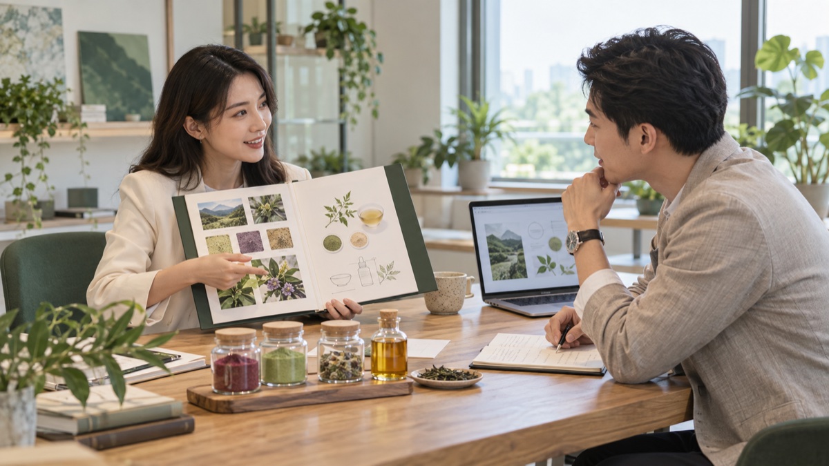 原料顧問向品牌買家展示來源故事與商品應用提案|AI 情境示意