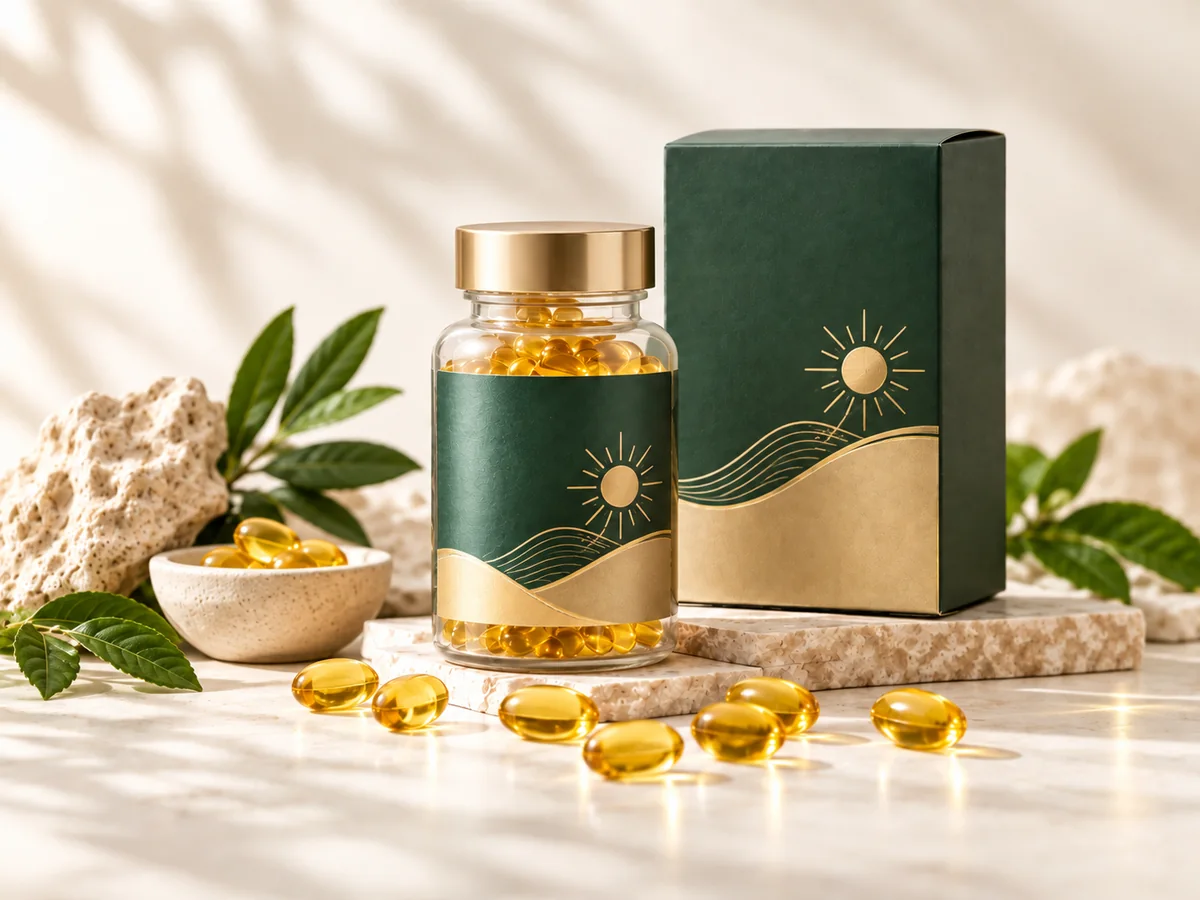 維生素 D3 油脂軟膠囊商品概念攝影示意