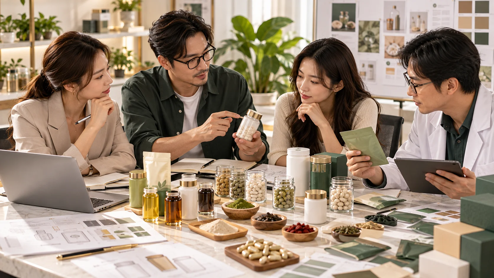 商業產品企劃會議上的配方樣品與包材