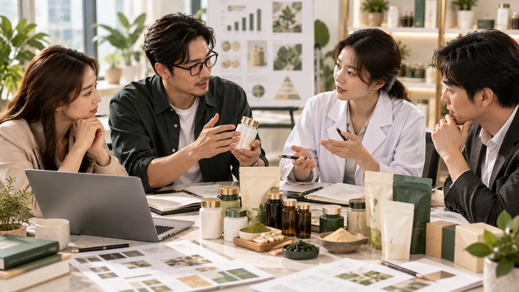 品牌主與開發顧問討論保健食品新品問題