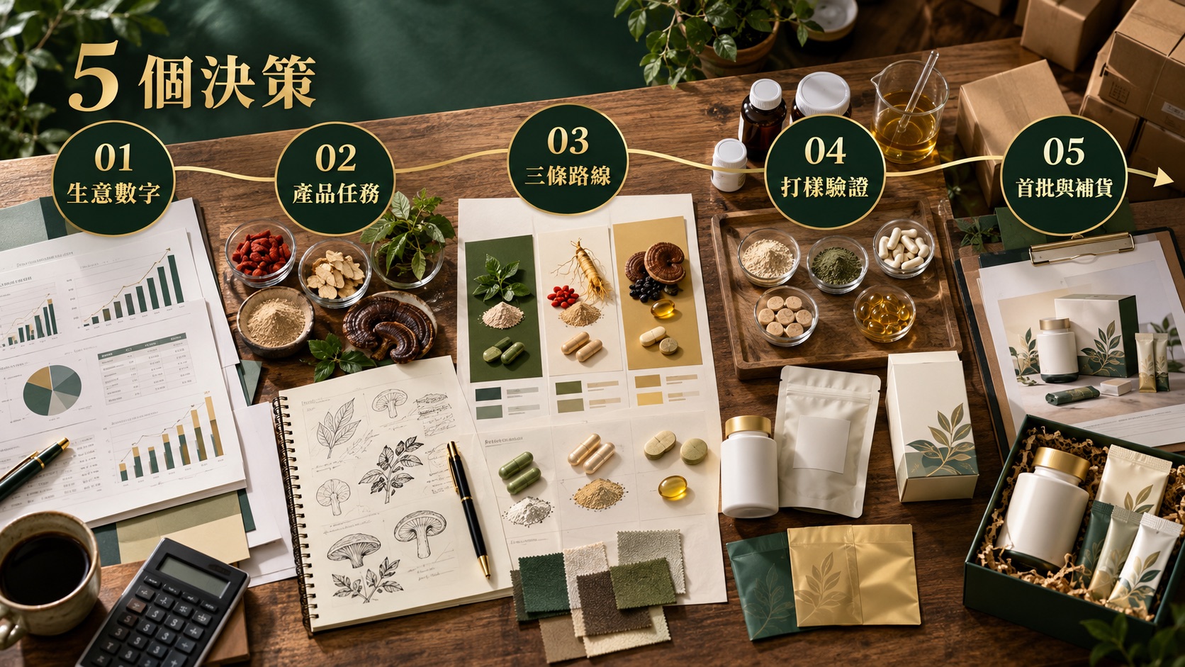 從生意數字到首批補貨的五個保健食品開發決策資訊圖
