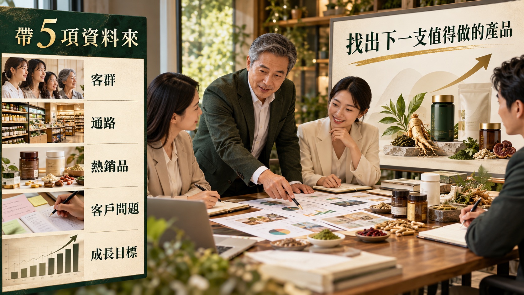 客群、通路、熱銷品、客戶問題與成長目標五項產品轉型資料圖