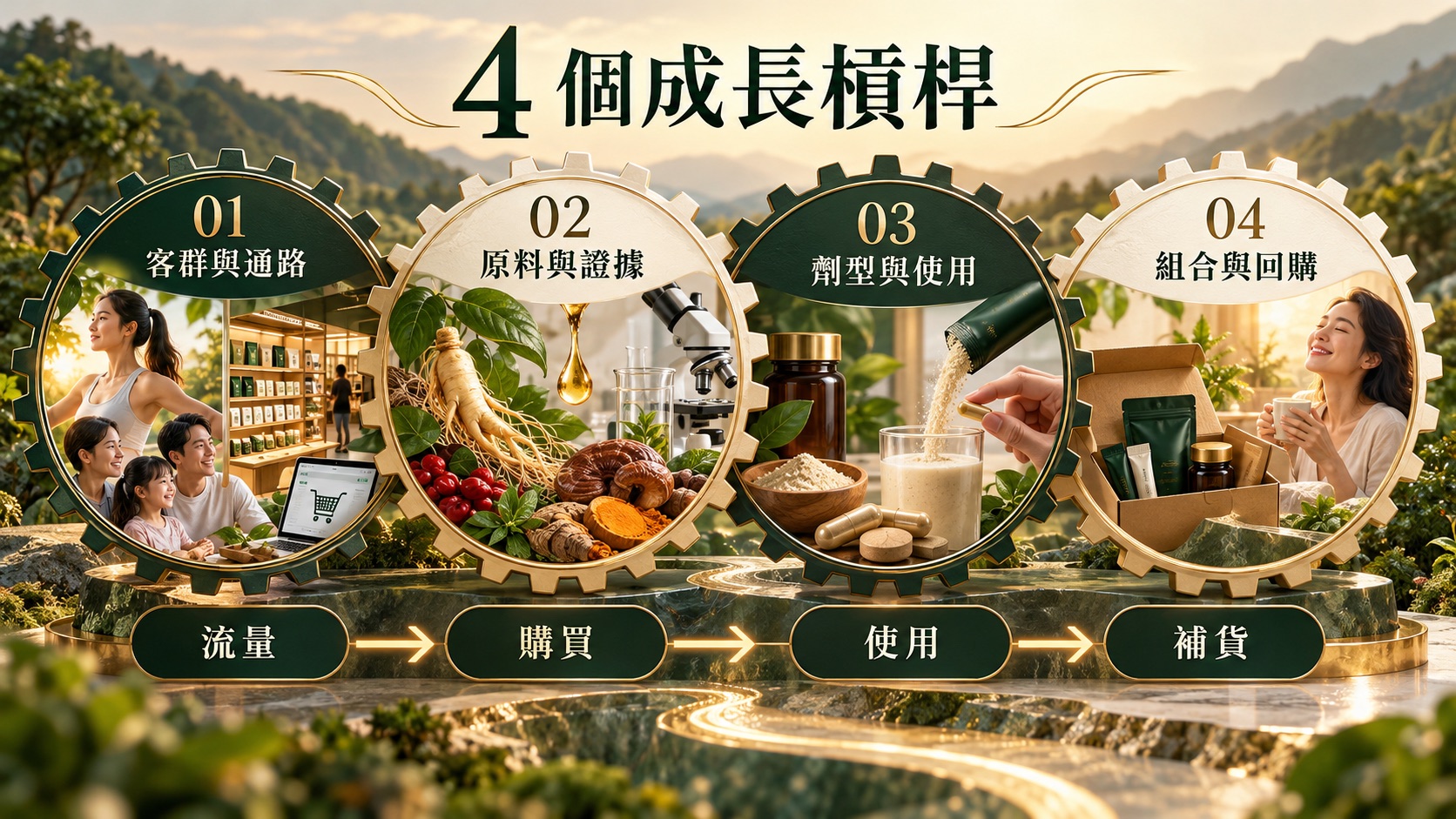 客群通路、原料證據、劑型使用、組合回購四個成長槓桿資訊圖