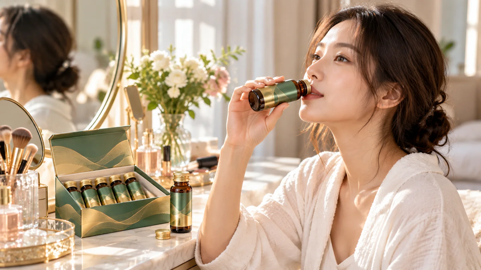 早晨化妝台前飲用美妍膠原飲