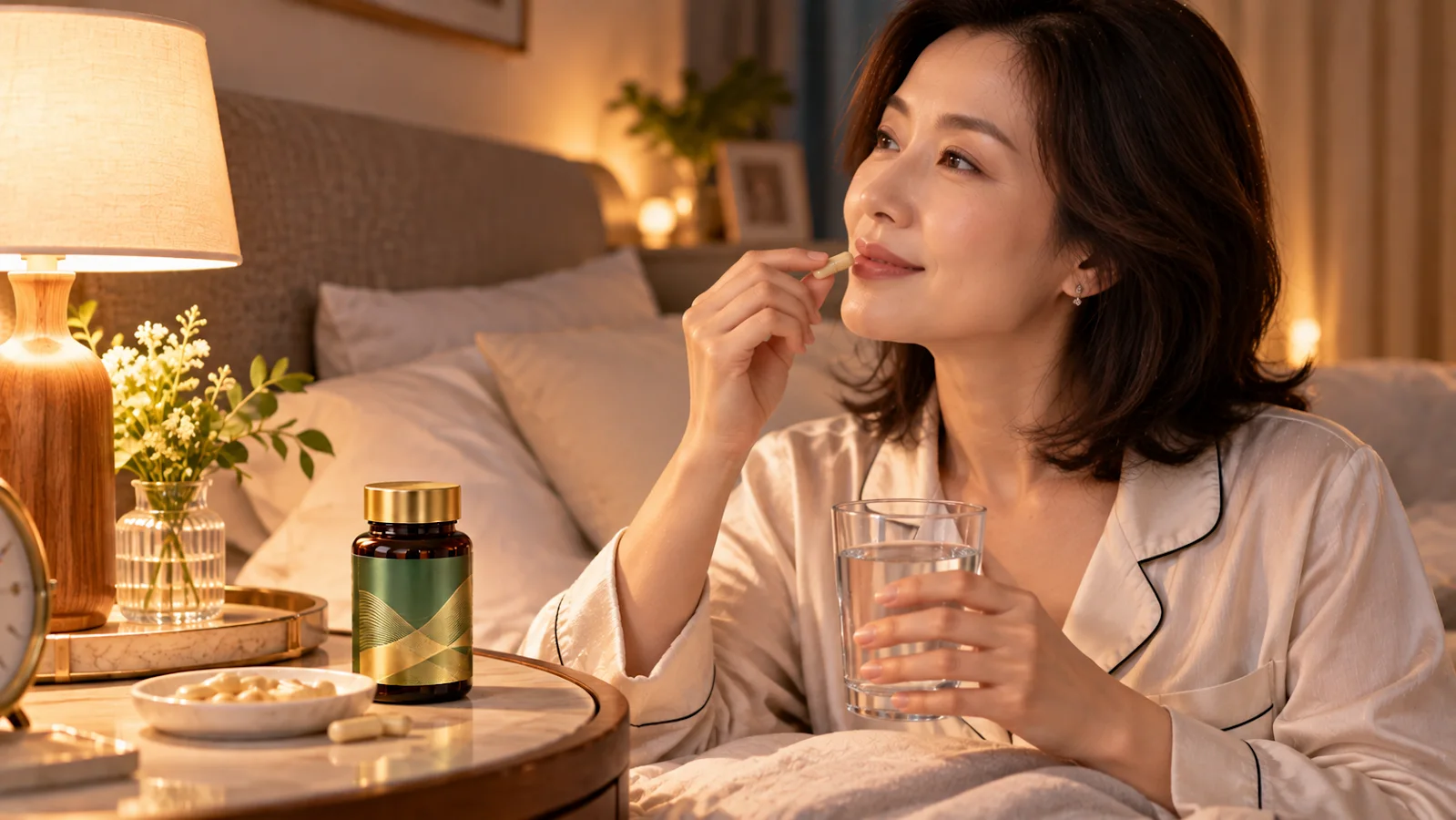 睡前床頭配溫水補充亮采膠囊