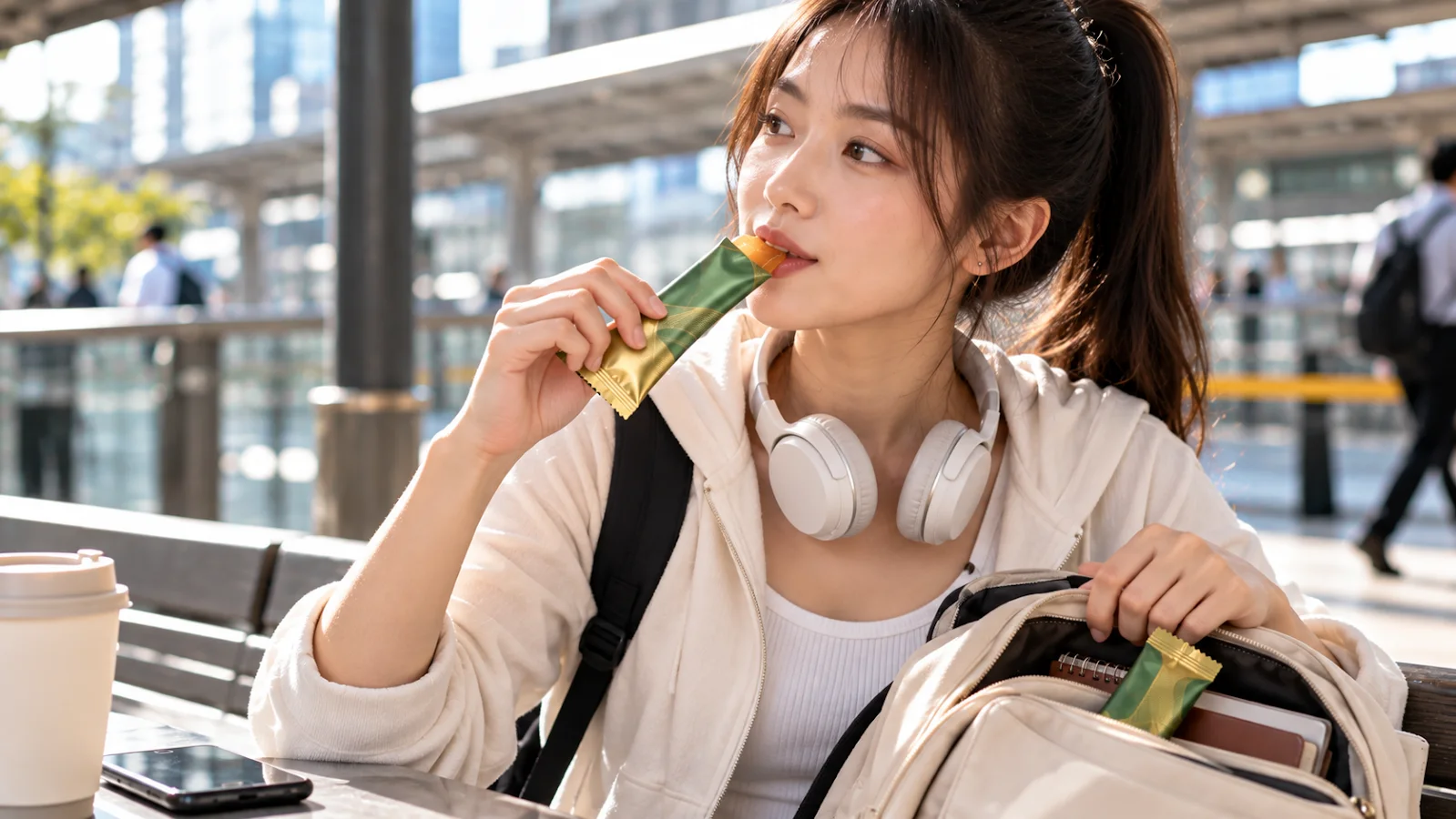 通勤途中從背包拿出水潤膠原凍