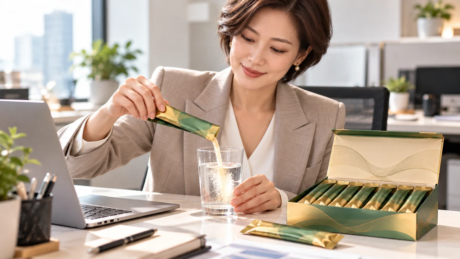 辦公桌上把彈潤膠原粉包倒進水杯