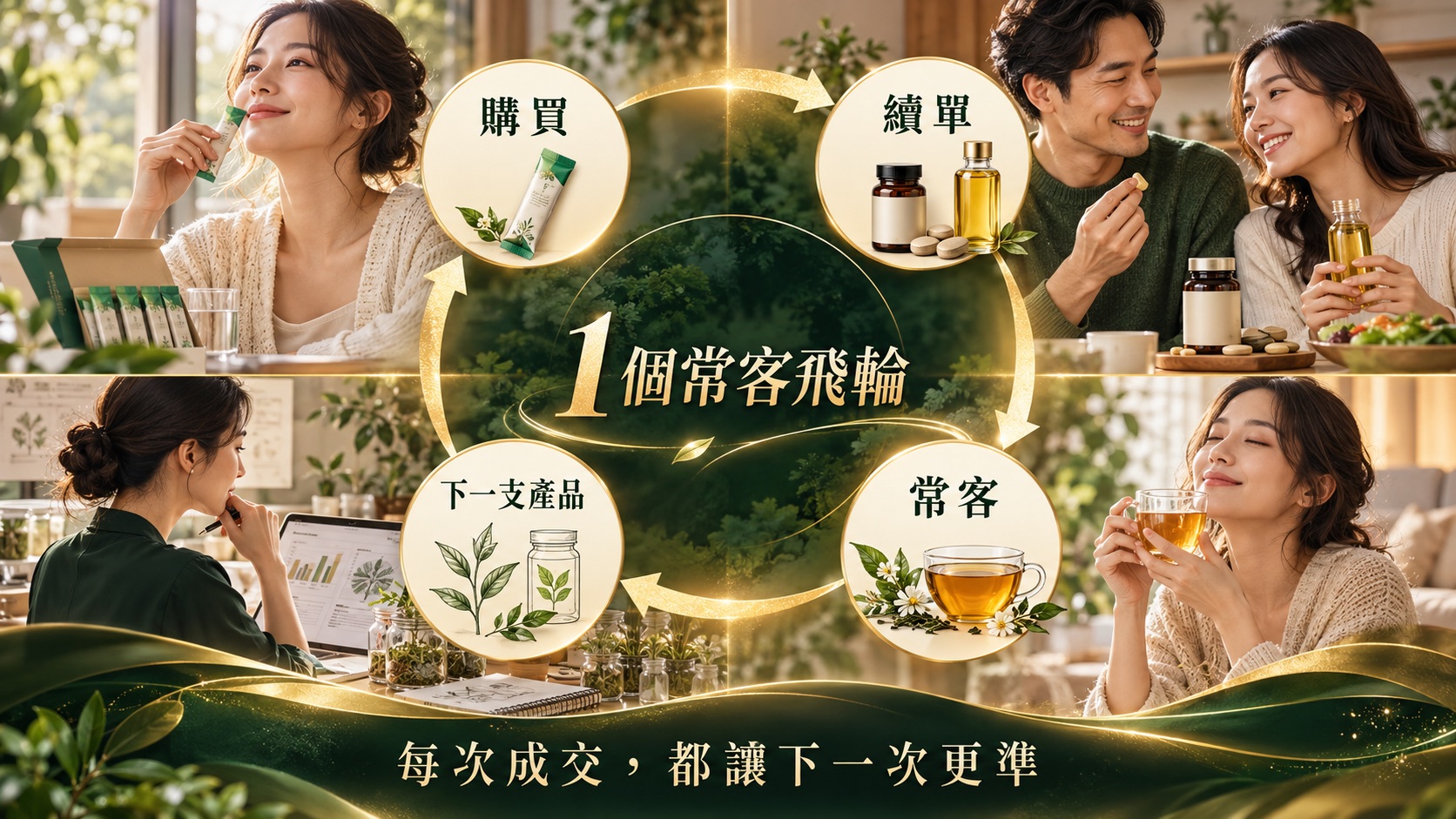 從購買、續單、常客到下一支產品的品牌常客飛輪資訊圖